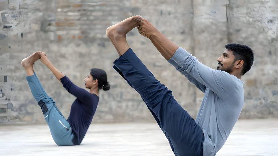 Practitioners in boat pose