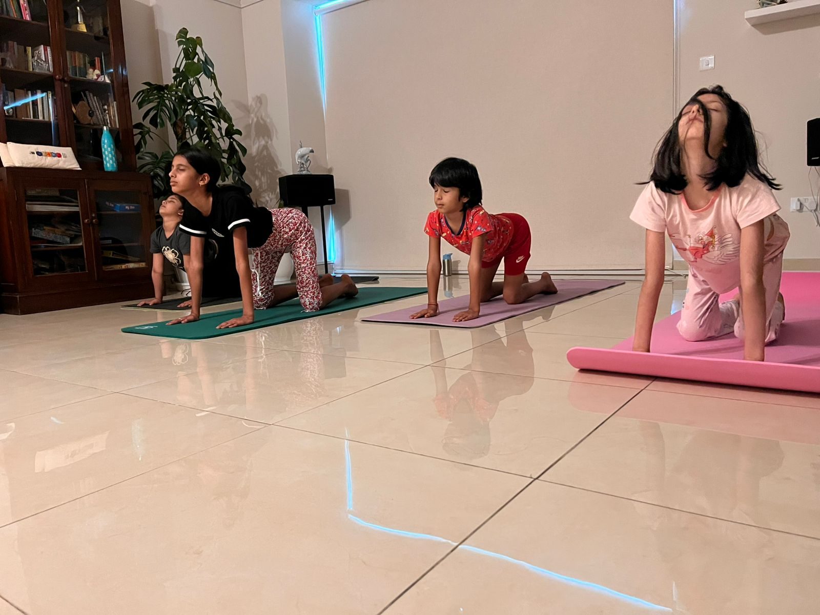 Three children on mats in a kneeling backbend during a children's class