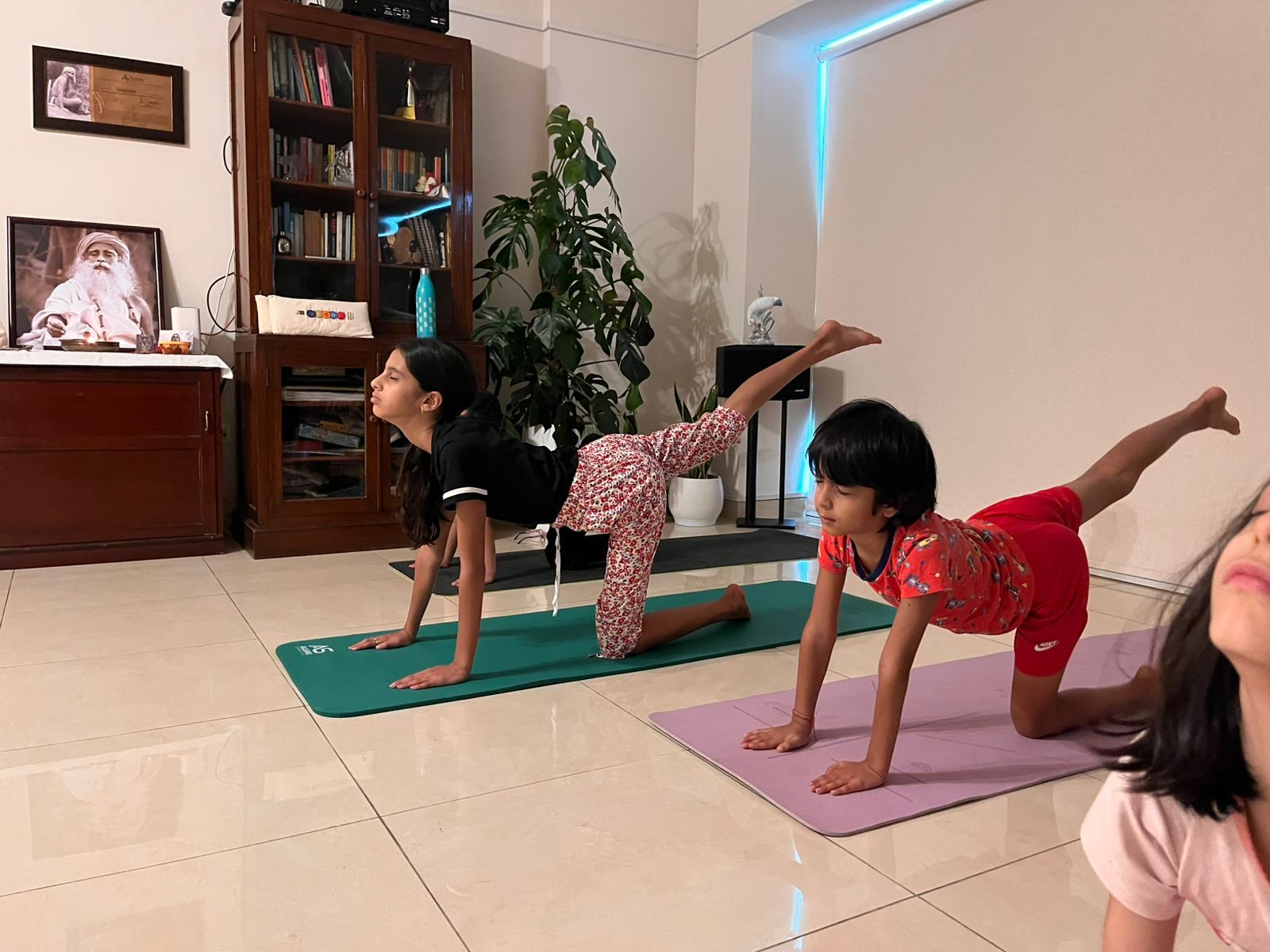 Two children on mats holding the same posture side by side, one leg raised